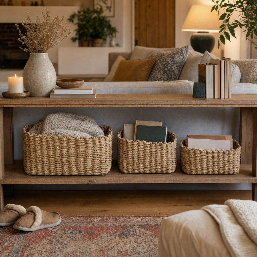 Verdelisse Woven Storage Baskets in Khaki, set of 3 on a living room shelf with throws and books