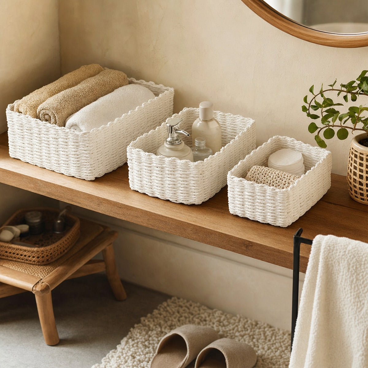 Verdelisse Woven Storage Baskets in White on a bathroom shelf with towels and toiletries