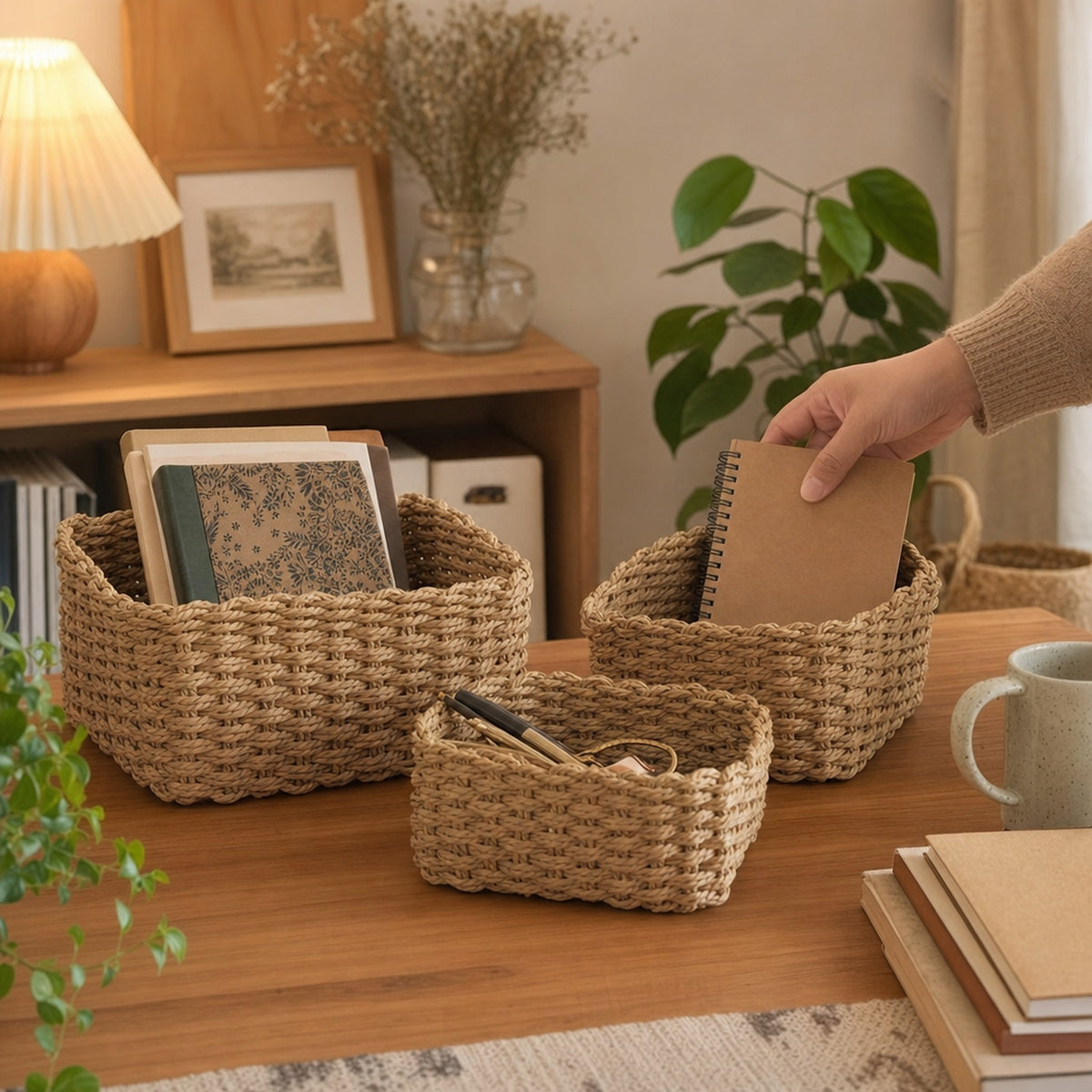 Verdelisse Woven Storage Baskets in Khaki on a desk, a hand placing a notebook inside