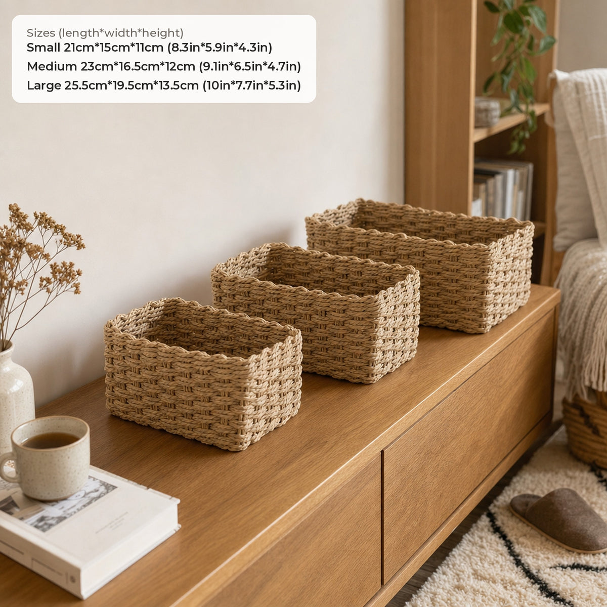 Verdelisse Woven Storage Baskets dimensions: Small 21cm*15cm*11cm, Medium 23cm*16.5cm*12cm, Large 25.5cm*19.5cm*13.5cm