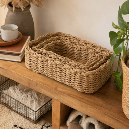 Verdelisse Woven Storage Baskets in Khaki, three baskets nested together showing the paper rope weave
