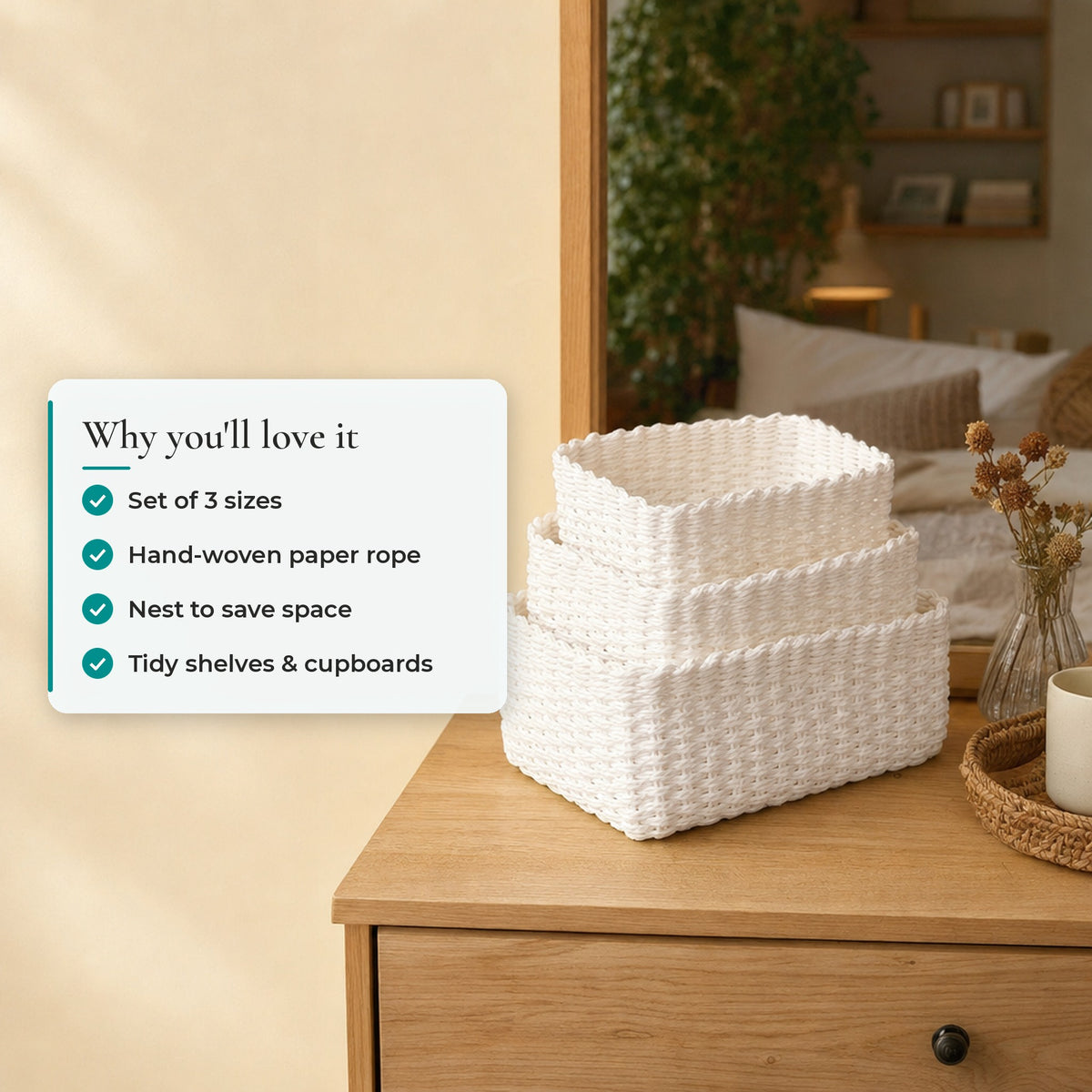 Verdelisse Woven Storage Baskets: Set of 3 sizes, Hand-woven paper rope, Nest to save space, Tidy shelves & cupboards