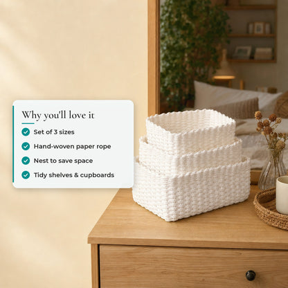 Verdelisse Woven Storage Baskets: Set of 3 sizes, Hand-woven paper rope, Nest to save space, Tidy shelves & cupboards